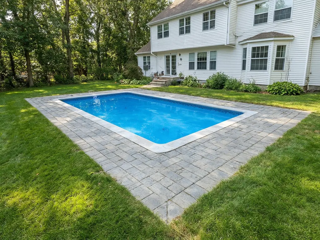 Pool fence visualizer result: matte black flat-top aluminium picket fence around an inground pool with one self-closing gate before AI redesign