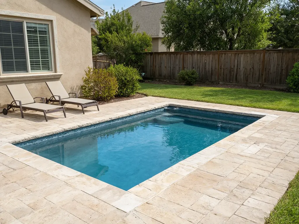 Glass pool fence visualizer result: frameless glass panels on small stainless steel spigots around the pool, the water and yard showing through before AI redesign