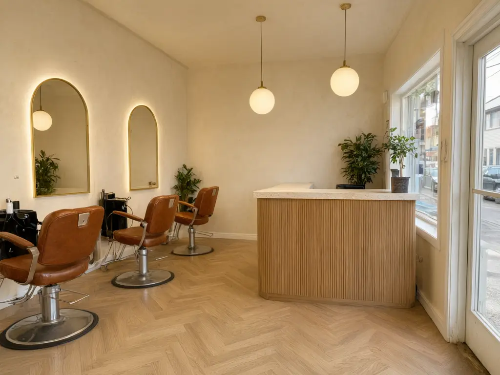Salon interior visualizer result: plain hair salon restyled with arched brass mirrors, cognac leather styling chairs, a fluted reception desk and herringbone wood floor, stations kept in place after AI redesign