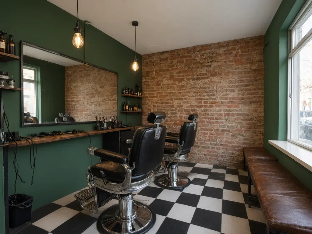 Barber shop design visualizer result: barber shop restyled with dark green walls, exposed brick, a black and white checkerboard floor and vintage barber chairs in the same positions after AI redesign