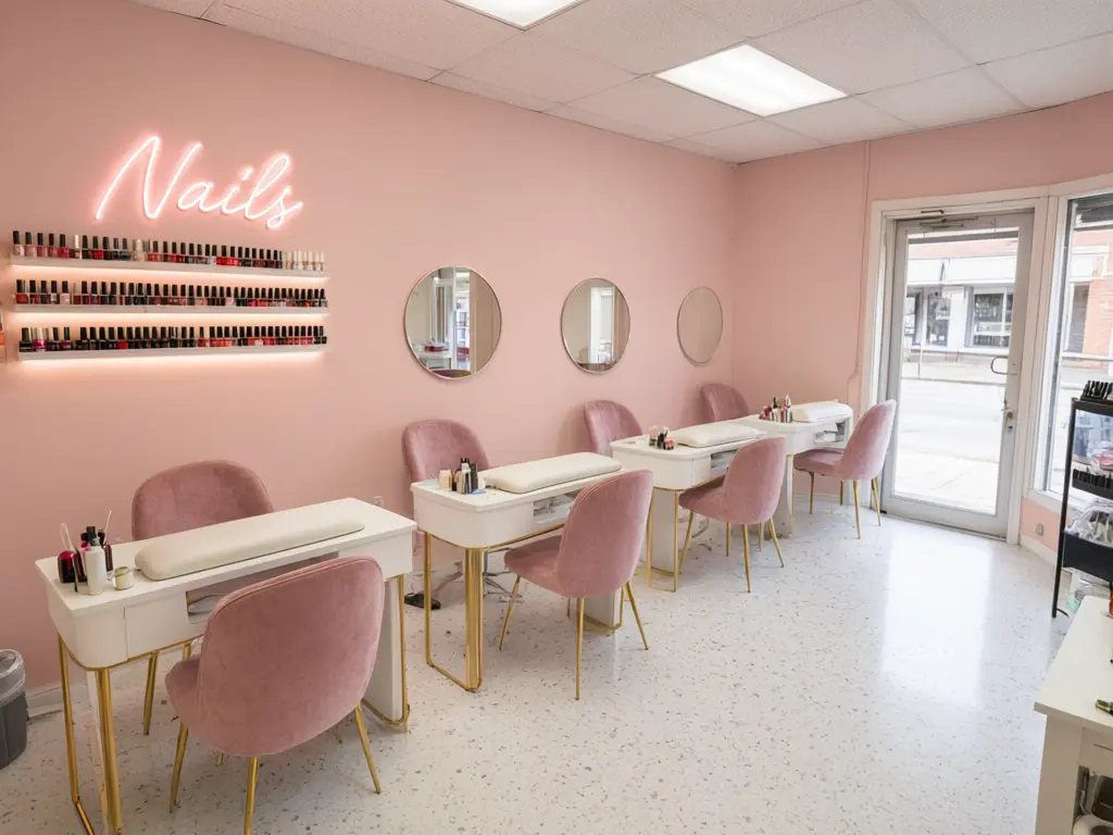 Nail salon interior design result: nail salon restyled in soft blush pink with white manicure tables, gold accents and a pink neon Nails sign, four tables kept after AI redesign