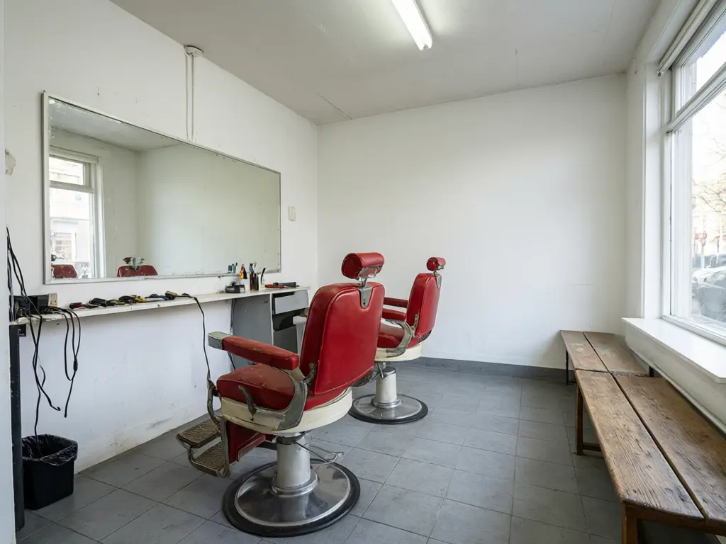 Barber shop design visualizer result: barber shop restyled with dark green walls, exposed brick, a black and white checkerboard floor and vintage barber chairs in the same positions before AI redesign