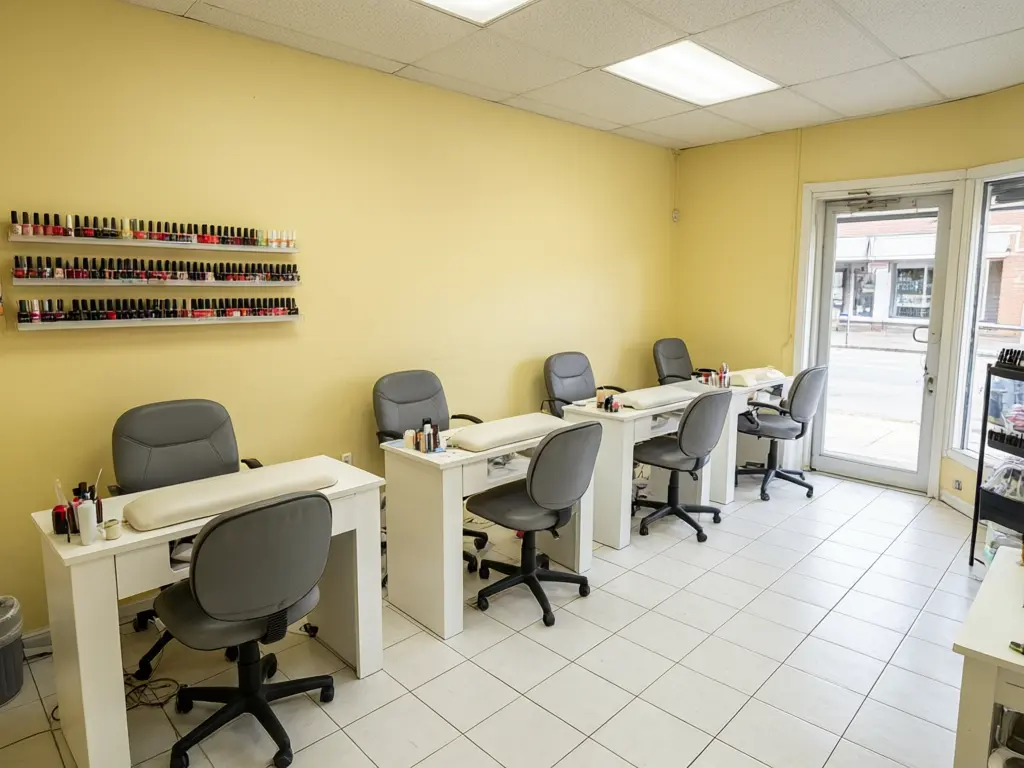 Nail salon interior design result: nail salon restyled in soft blush pink with white manicure tables, gold accents and a pink neon Nails sign, four tables kept before AI redesign