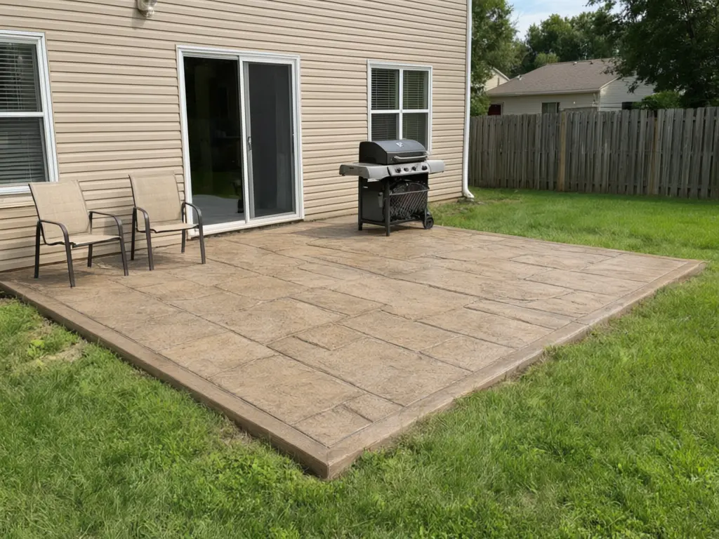 Stamped concrete visualizer result: plain grey concrete patio turned into ashlar slate pattern stamped concrete in warm sandstone beige with a darker border after AI redesign