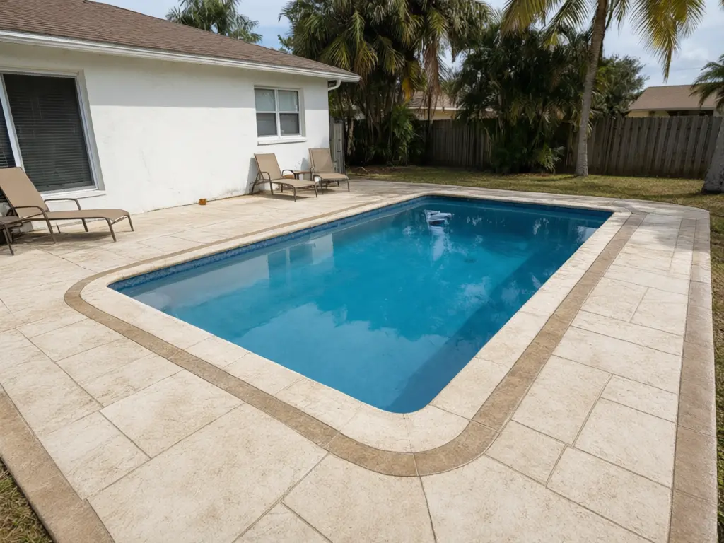 Stamped concrete pool deck visualizer result: stained, cracked concrete pool deck turned into cream travertine pattern stamped concrete with a tan border band after AI redesign