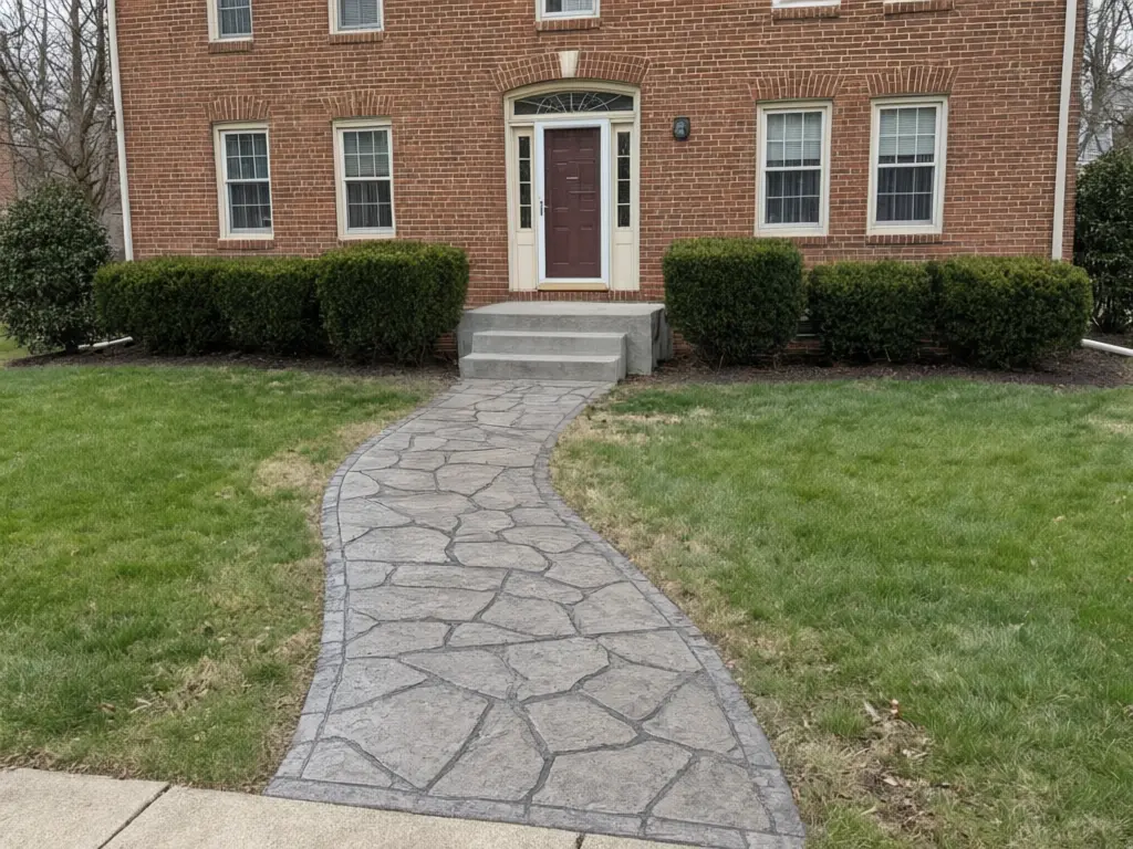 Stamped concrete walkway visualizer result: plain concrete front walkway turned into random flagstone pattern stamped concrete in light grey with charcoal joints after AI redesign