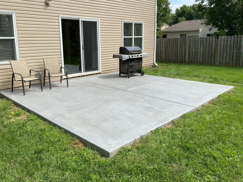 Stamped concrete visualizer result: plain grey concrete patio turned into ashlar slate pattern stamped concrete in warm sandstone beige with a darker border before AI redesign