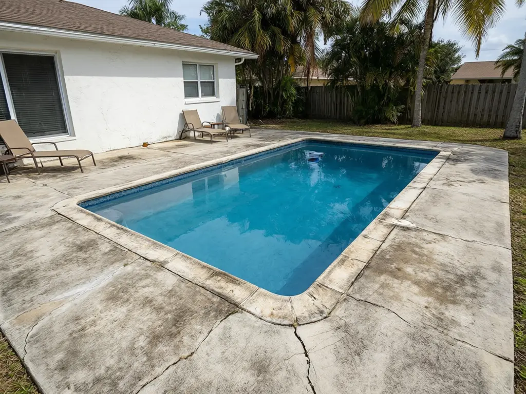 Stamped concrete pool deck visualizer result: stained, cracked concrete pool deck turned into cream travertine pattern stamped concrete with a tan border band before AI redesign