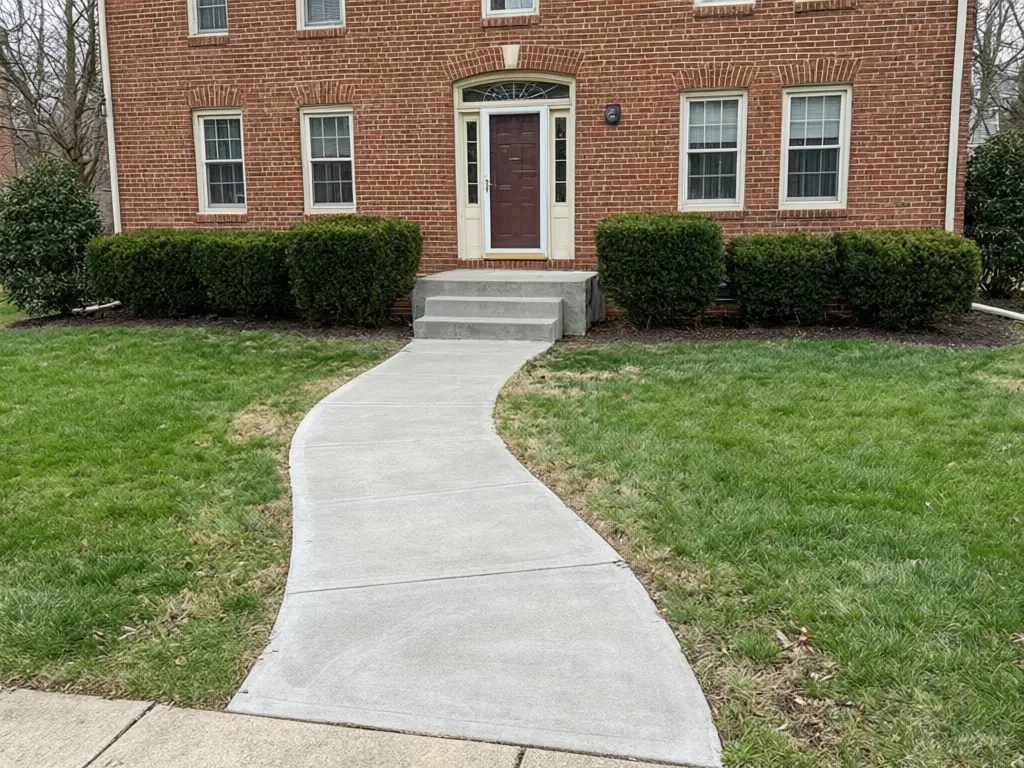 Stamped concrete walkway visualizer result: plain concrete front walkway turned into random flagstone pattern stamped concrete in light grey with charcoal joints before AI redesign