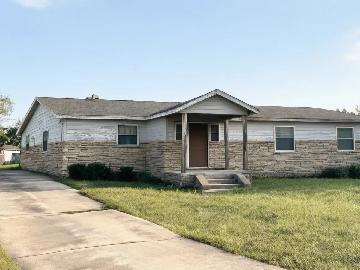 Stone veneer visualizer result: stacked ledgestone in warm grey and tan added to the lower wall band of a sided house, the siding above unchanged after AI redesign