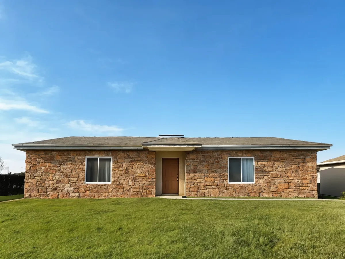 Stone veneer visualizer result: whole front wall of a stucco house covered in brown and rust fieldstone veneer, windows, door and roof unchanged after AI redesign