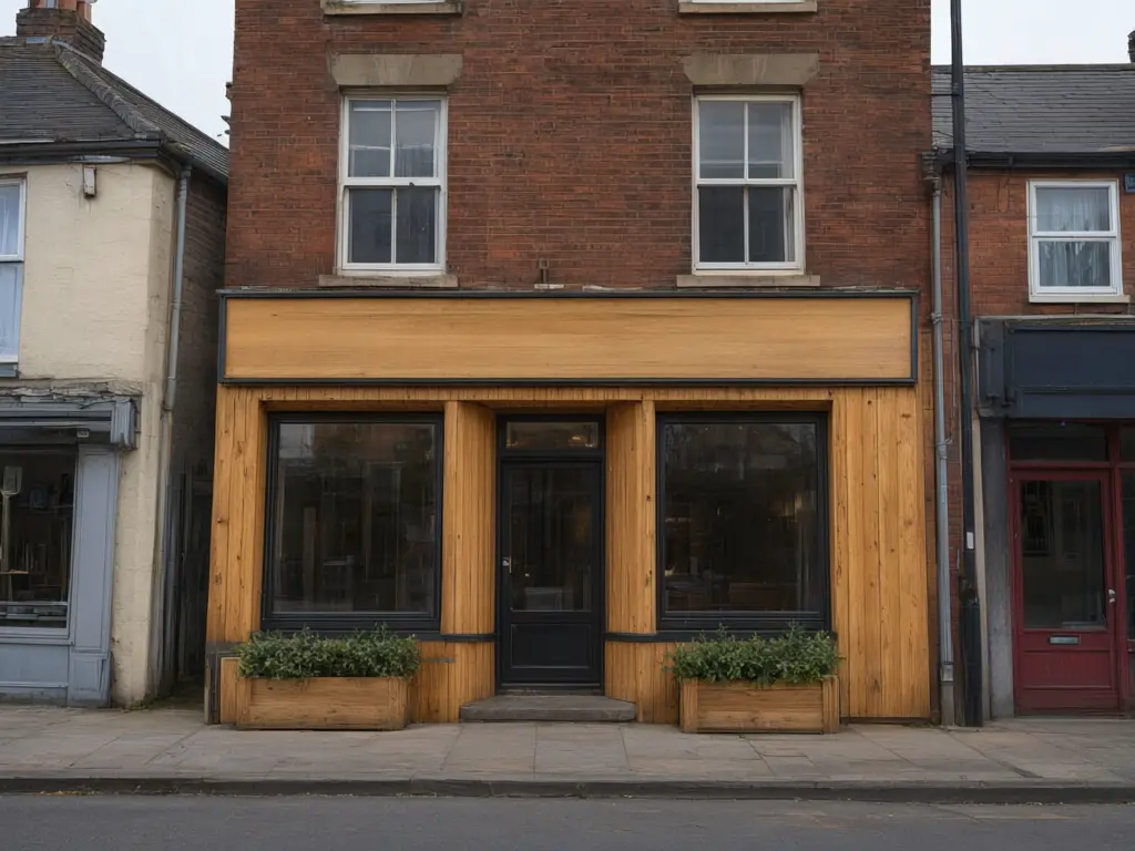 Storefront visualizer result: cafe shop front redesigned with vertical natural wood cladding, black window frames, planters by the door and a blank sign band after AI redesign