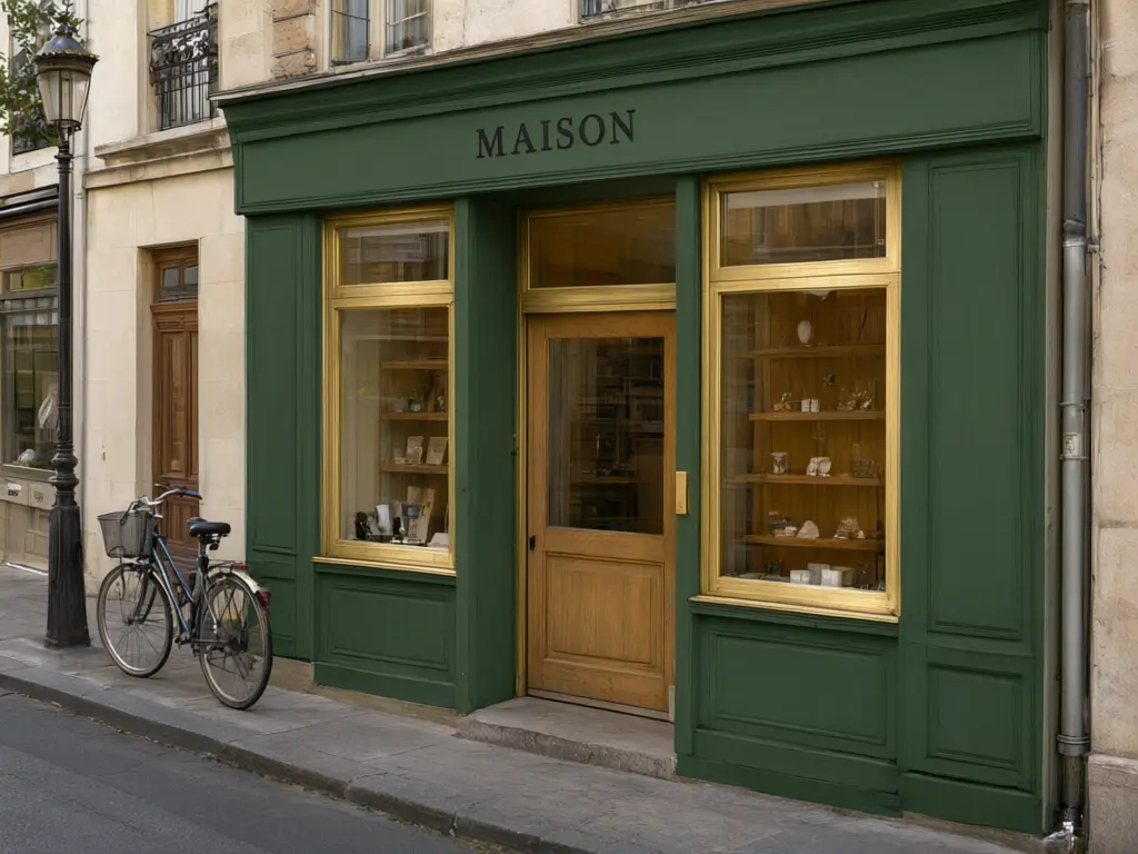 Shop front paint visualizer result: storefront walls repainted deep forest green with brushed brass window and door frames, signs and openings kept after AI redesign