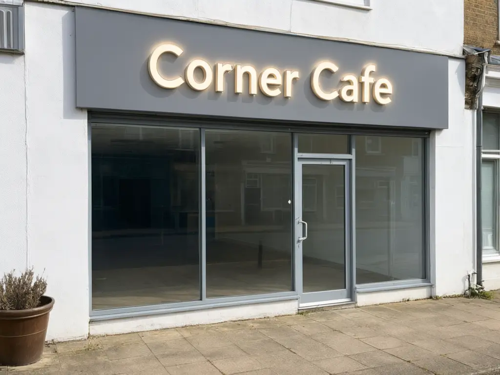 Storefront sign visualizer result: old shop sign replaced with illuminated 3D channel letters reading Corner Cafe in warm white light on the fascia after AI redesign