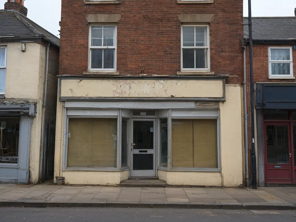 Storefront visualizer result: cafe shop front redesigned with vertical natural wood cladding, black window frames, planters by the door and a blank sign band before AI redesign