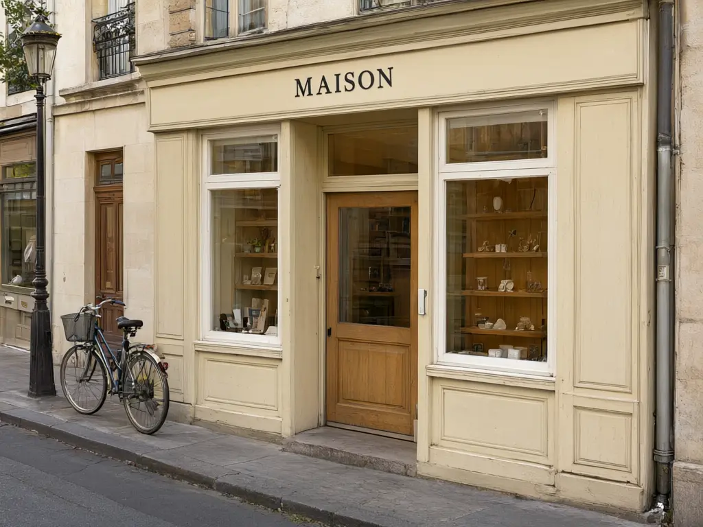 Shop front paint visualizer result: storefront walls repainted deep forest green with brushed brass window and door frames, signs and openings kept before AI redesign