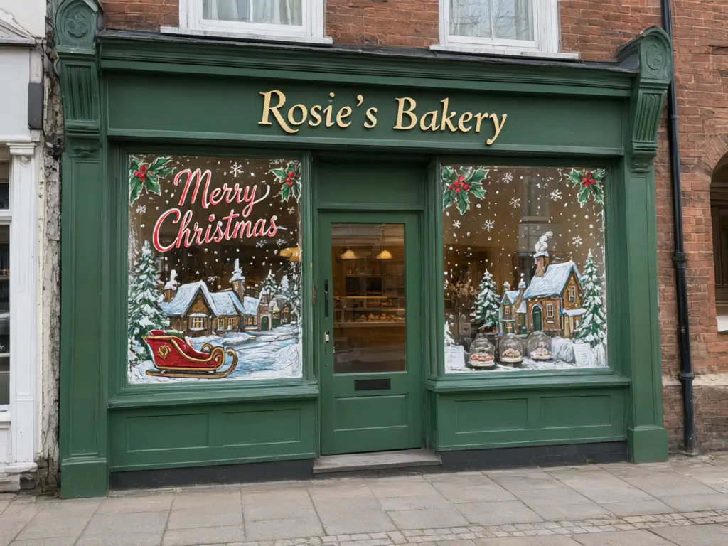 Christmas window painting visualizer result: bakery shop window hand painted with a snowy Christmas village scene and the words Merry Christmas, shop sign kept after AI redesign