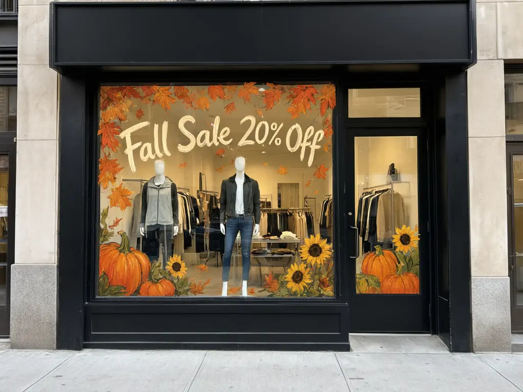 Storefront window painting result: boutique window painted with autumn leaves, pumpkins and the words Fall Sale 20% Off, mannequins still visible through the clear centre after AI redesign