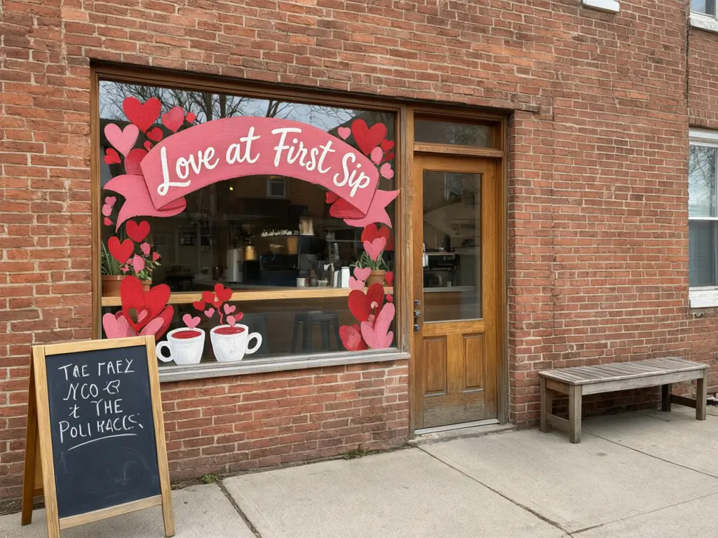 Valentine window painting visualizer result: coffee shop window hand painted with hearts, coffee cups and the words Love at First Sip in red and pink after AI redesign