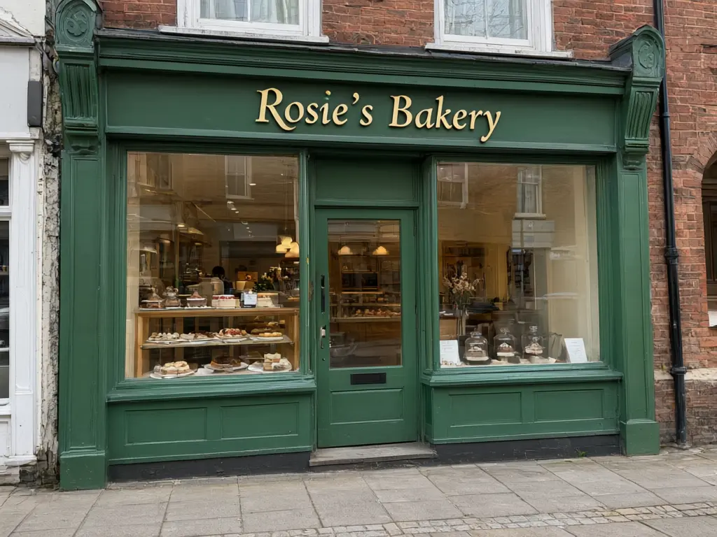 Christmas window painting visualizer result: bakery shop window hand painted with a snowy Christmas village scene and the words Merry Christmas, shop sign kept before AI redesign