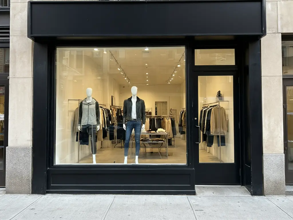 Storefront window painting result: boutique window painted with autumn leaves, pumpkins and the words Fall Sale 20% Off, mannequins still visible through the clear centre before AI redesign