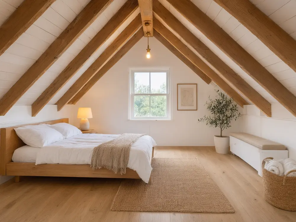 Attic conversion visualizer result: a bright white attic bedroom with a bed under the sloped ceiling after AI redesign