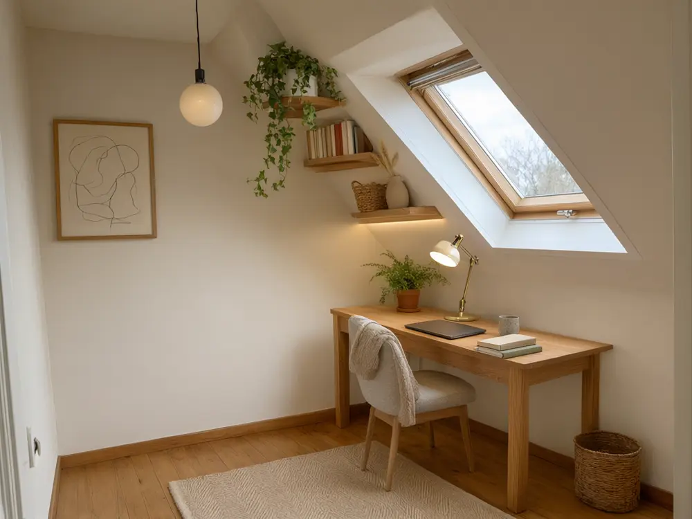 Attic conversion visualizer result: an attic home office with a wooden desk under the window after AI redesign