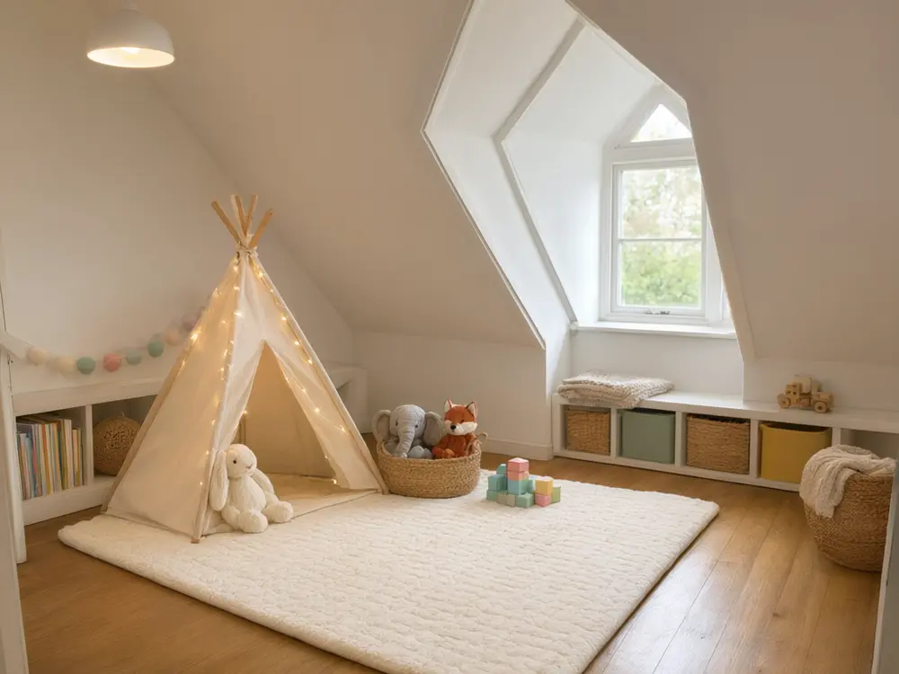 Attic conversion visualizer result: an attic playroom with soft flooring and a play tent after AI redesign