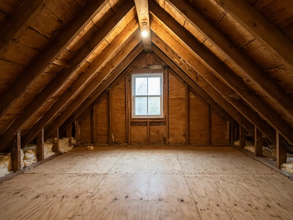 Attic conversion visualizer result: a bright white attic bedroom with a bed under the sloped ceiling before AI redesign