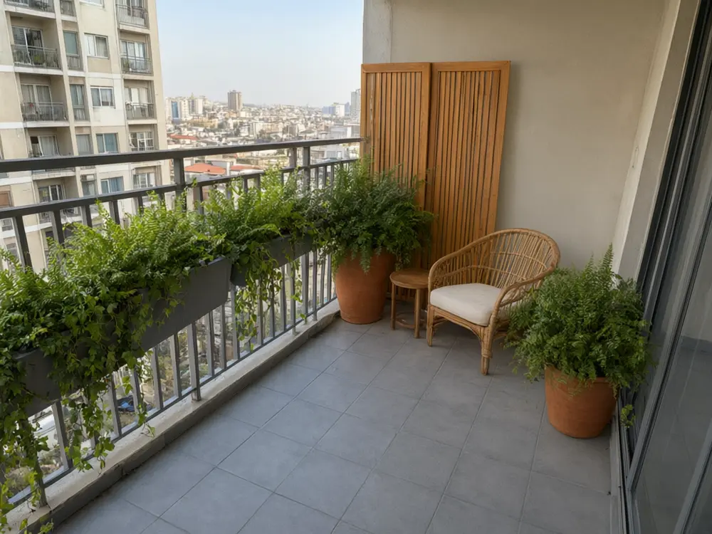 Balcony garden visualizer result: a lush green plant garden on a small balcony after AI redesign