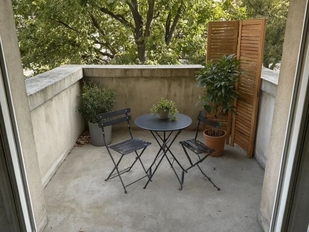 Balcony garden visualizer result: a bistro table and two chairs on a balcony after AI redesign