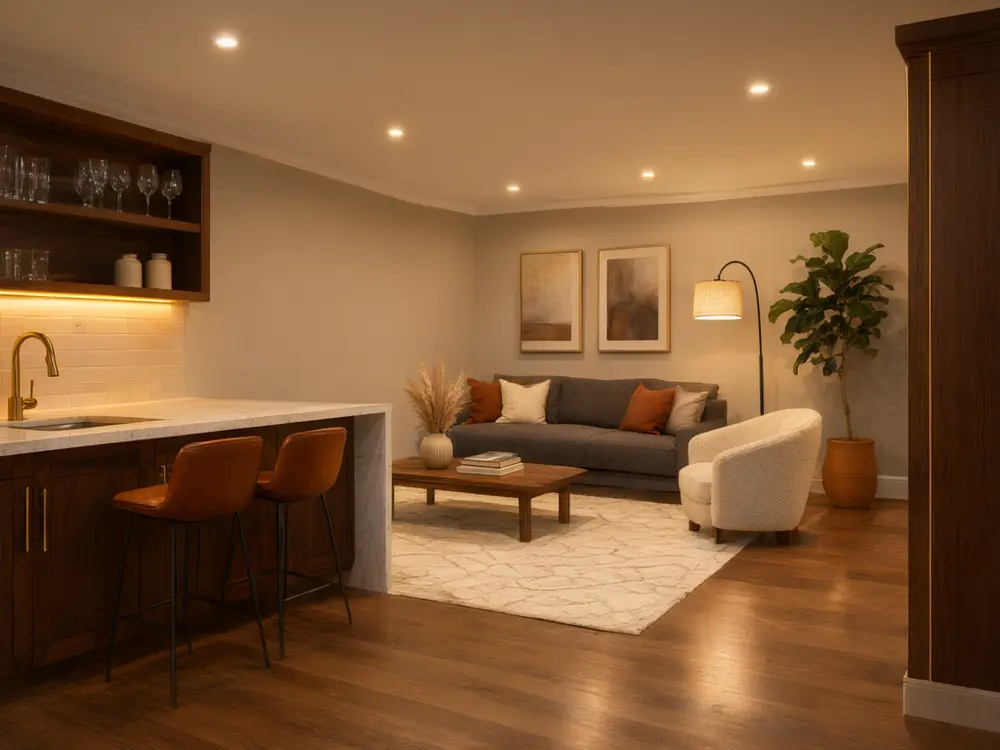 Basement finishing visualizer result: a basement finished with a wet bar and lounge after AI redesign