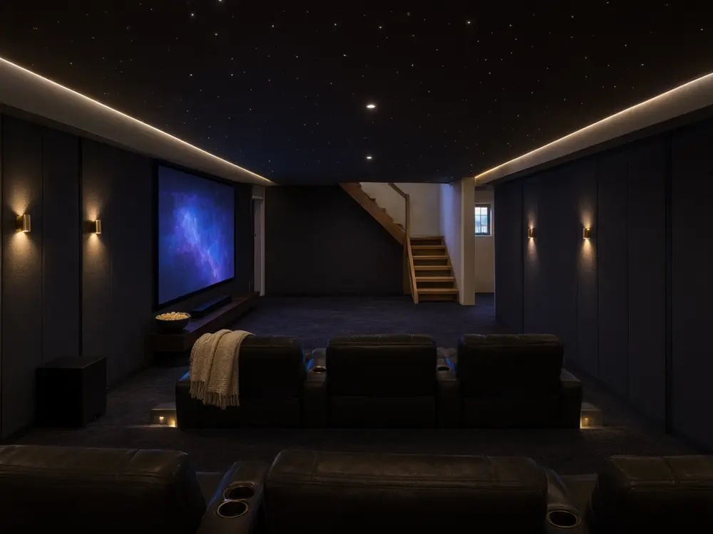 Basement finishing visualizer result: a basement finished as a home theater after AI redesign