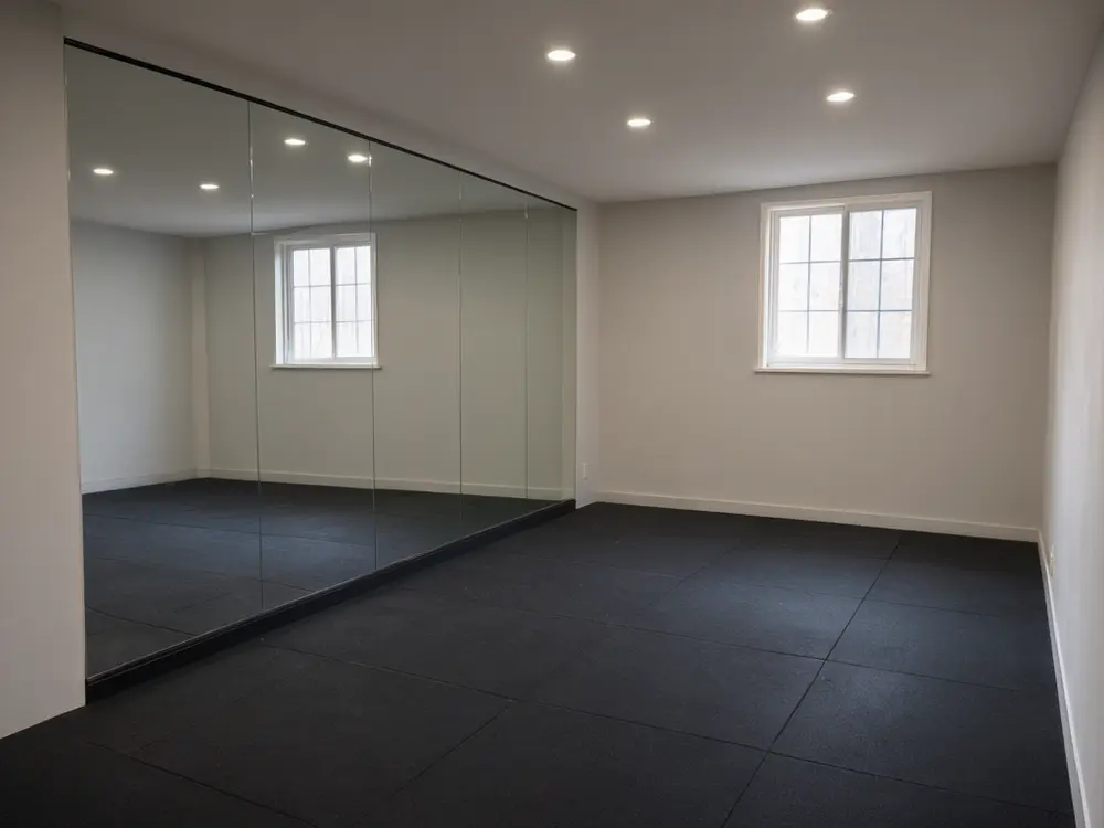 Basement finishing visualizer result: a basement finished as a home gym with a mirror wall and rubber floor after AI redesign
