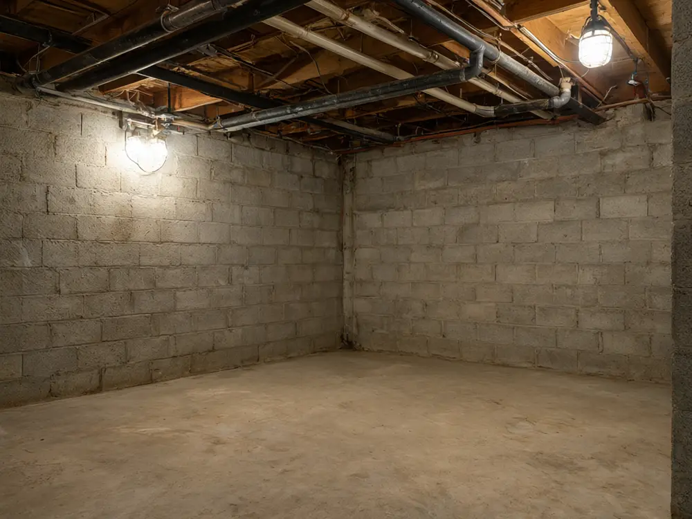 Basement finishing visualizer result: a basement finished with a wet bar and lounge before AI redesign
