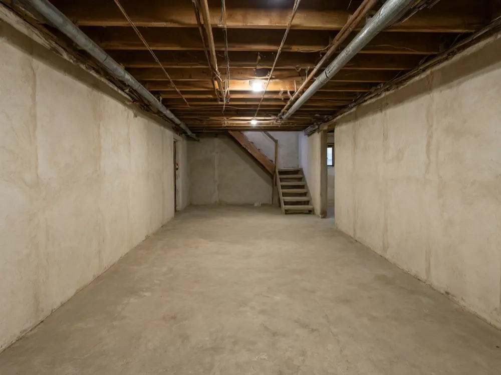 Basement finishing visualizer result: a basement finished as a home theater before AI redesign