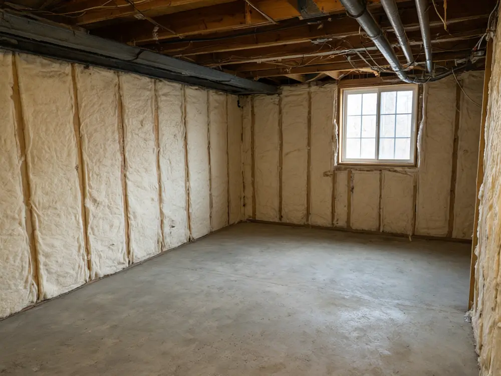 Basement finishing visualizer result: a basement finished as a home gym with a mirror wall and rubber floor before AI redesign