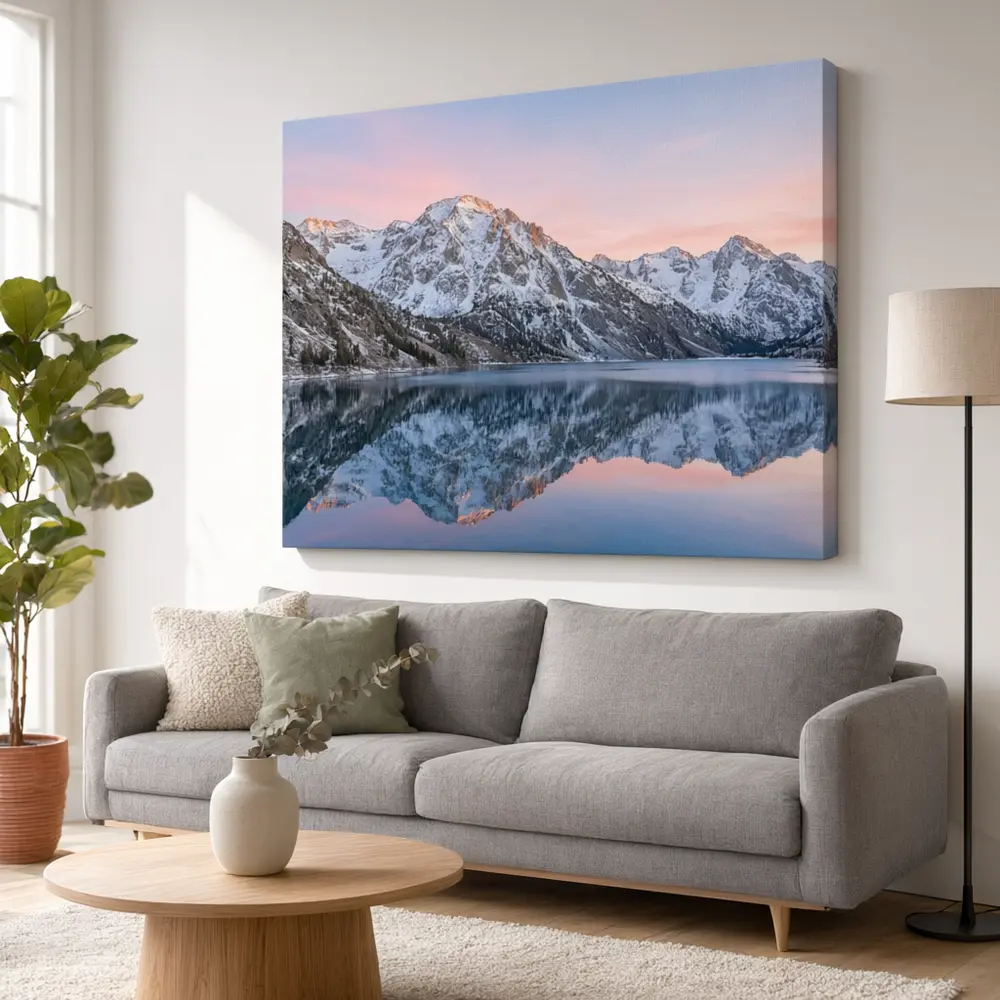 Canvas print mockup result: mountain landscape canvas above a grey sofa in a modern living room after AI redesign
