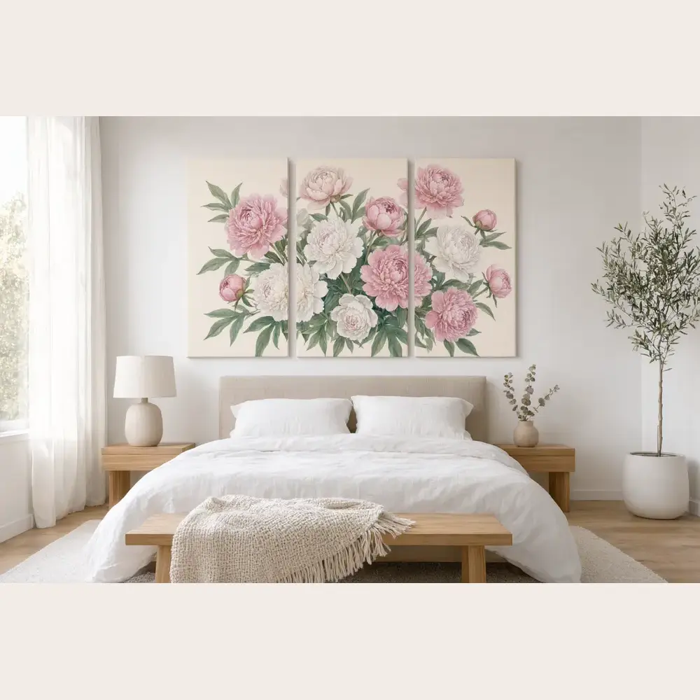 Canvas print mockup result: floral painting as a three-panel triptych above a bed after AI redesign