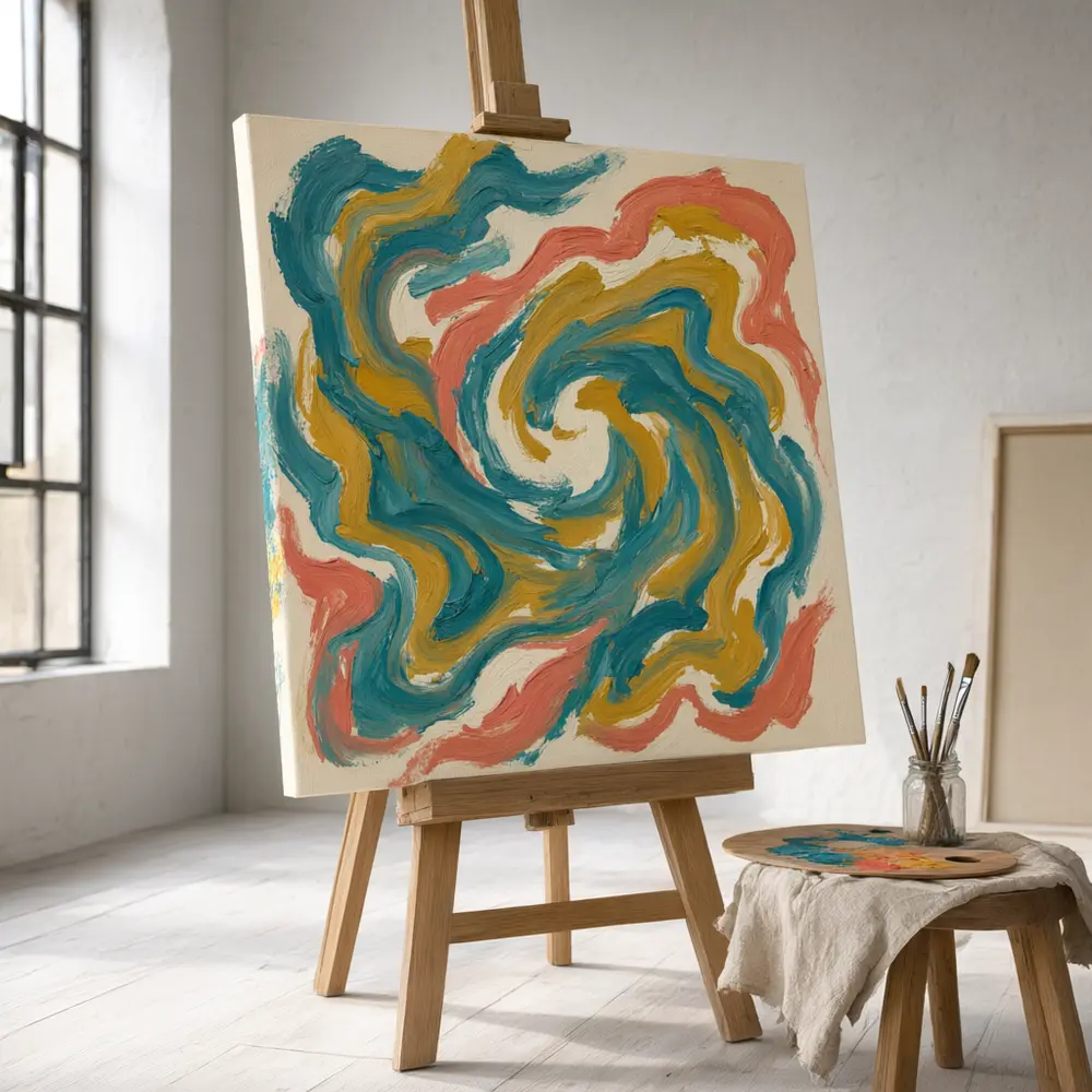 Canvas print mockup result: abstract artwork on an easel in a bright art studio after AI redesign