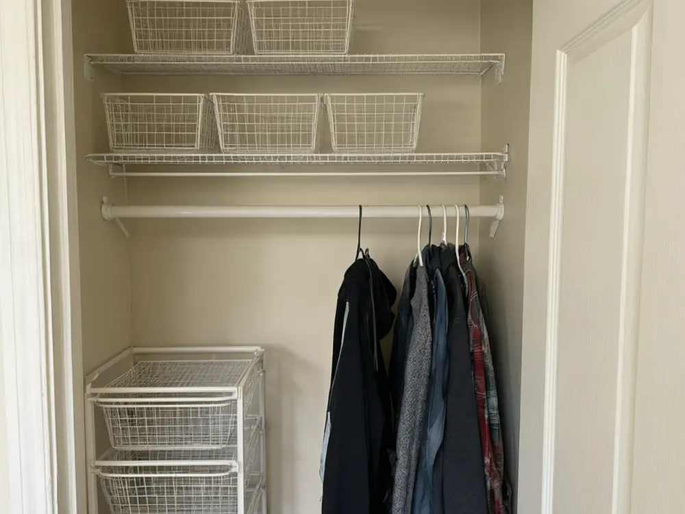 Closet visualizer result: a white walk-in closet with hanging rods, shelves and a drawer island after AI redesign