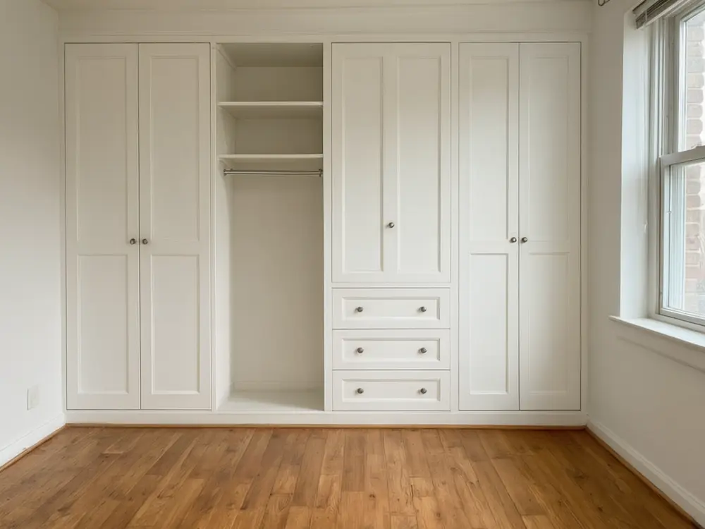 Closet visualizer result: a reach-in closet with white shelving, double rods and storage bins after AI redesign