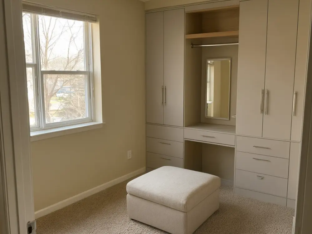 Closet visualizer result: a floor-to-ceiling wardrobe wall with white shaker doors after AI redesign
