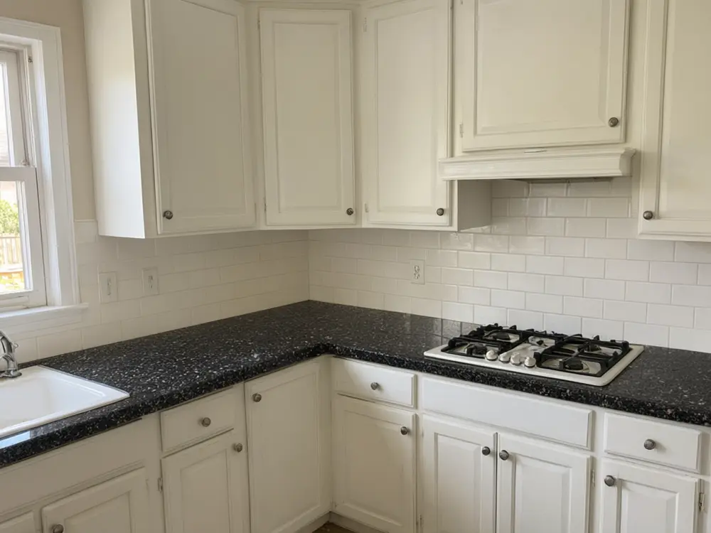 Countertop visualizer result: black granite countertops in a white kitchen after AI redesign