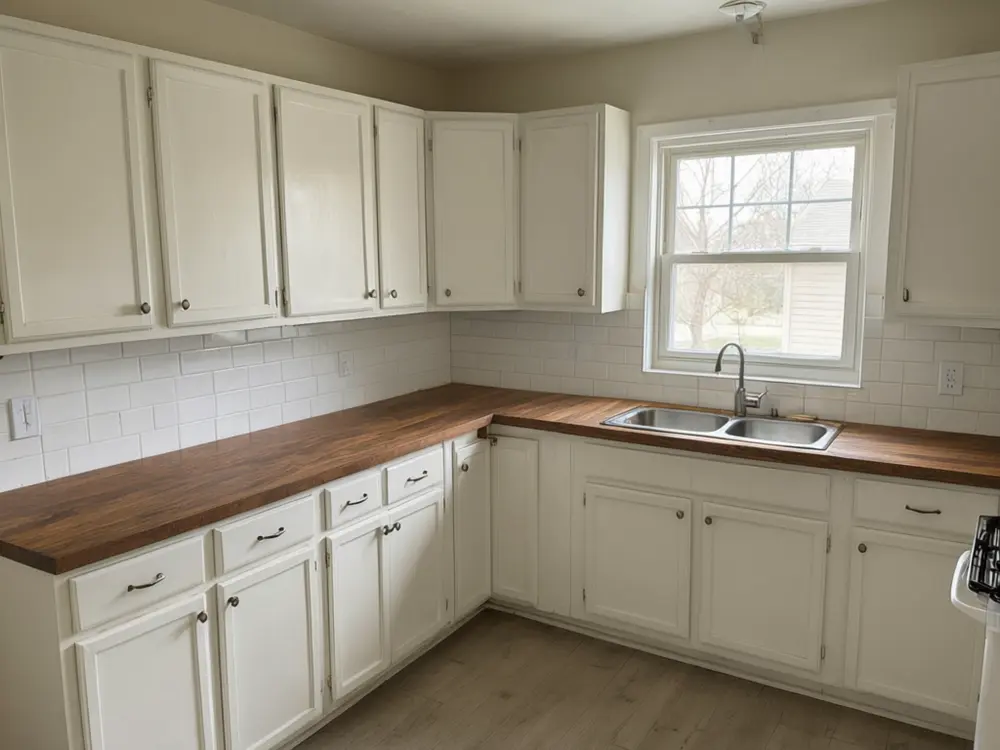 Countertop visualizer result: walnut butcher block countertops with white cabinets after AI redesign