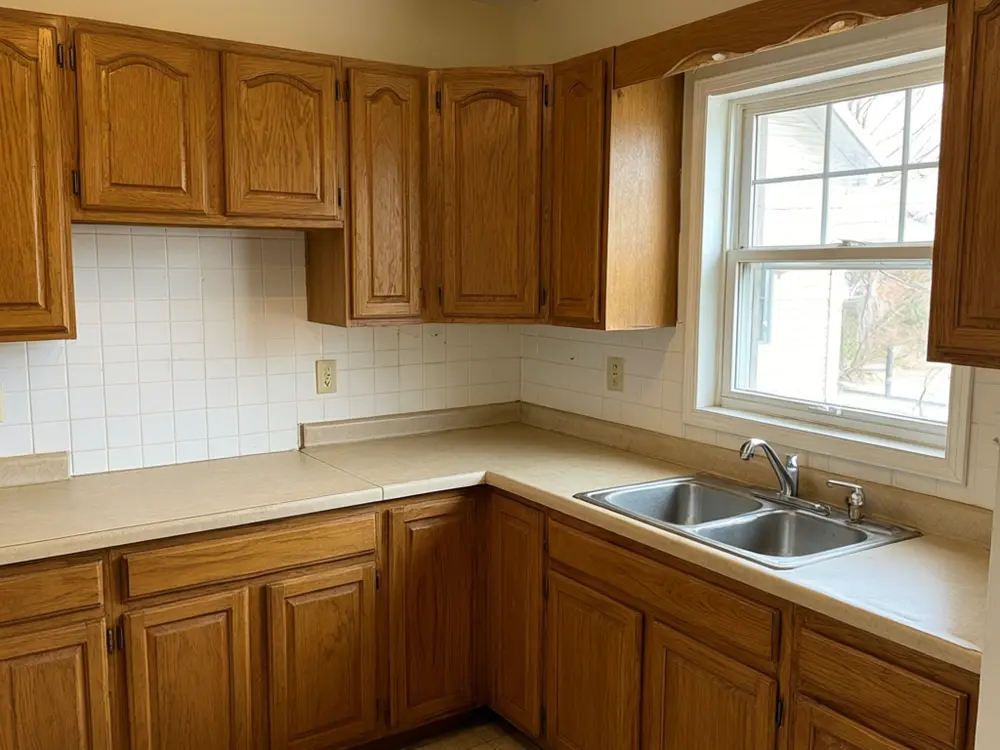 Countertop visualizer result: white Carrara marble countertops on oak cabinets before AI redesign