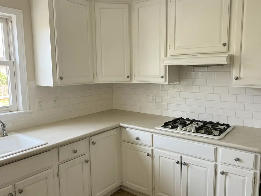 Countertop visualizer result: black granite countertops in a white kitchen before AI redesign