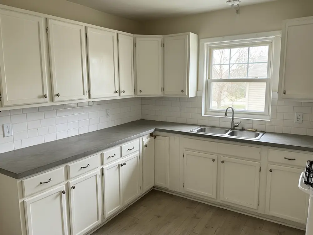 Countertop visualizer result: walnut butcher block countertops with white cabinets before AI redesign