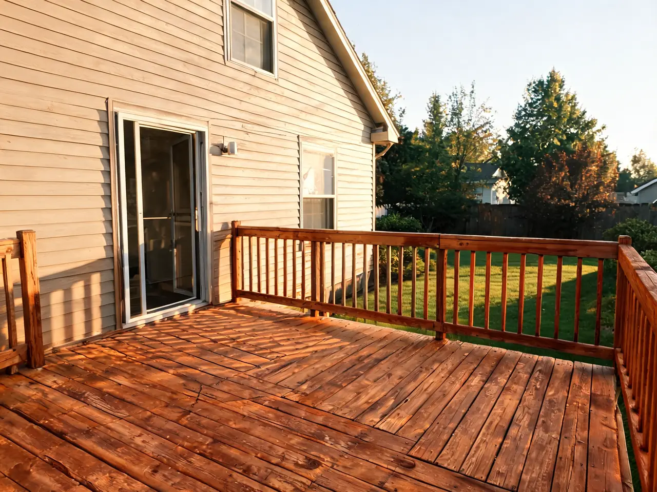 Deck visualizer result: weathered gray deck boards restained warm cedar brown with a semi-transparent stain after AI redesign