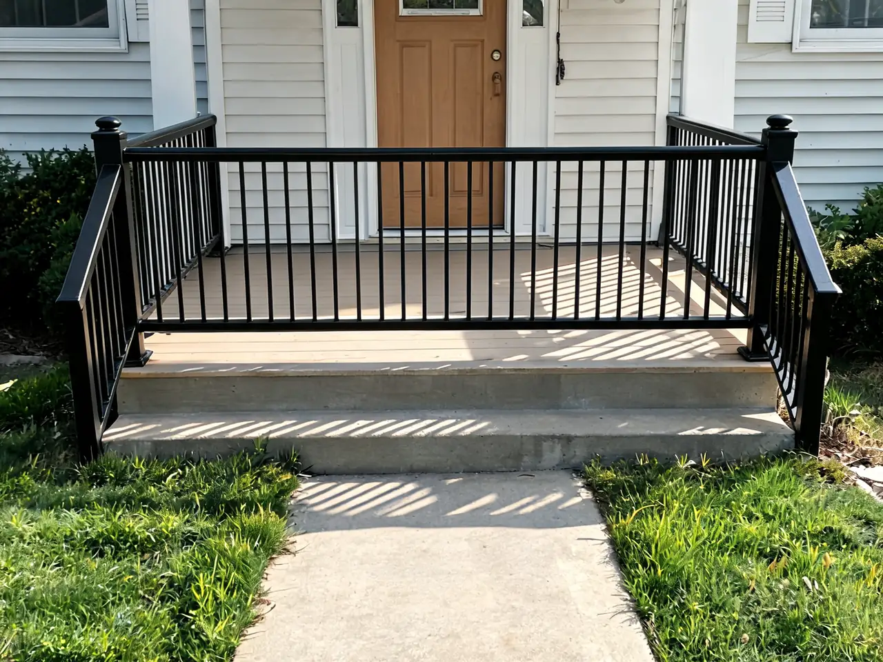 Porch railing visualizer result: dated white spindle porch railing replaced with slim black metal balusters after AI redesign